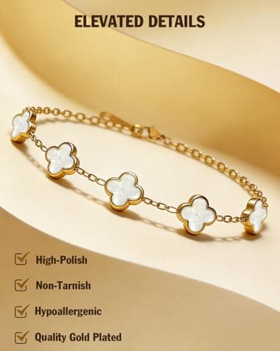 Aimétte Monette 18K Gold Bracelets for Women Non Tarnish, Four Leaf Clover Bracelet Double-sided, Gold Plated Bracelets, Charm Bracelets for Women Trendy, White Jewlery Gifts - Thumbnail 5