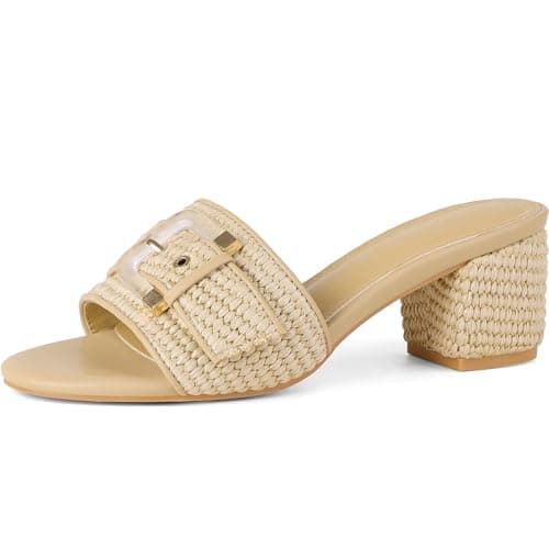 COMFITORIA Women's Raffia Heeled Sandals Low Block Chunky Heel Sandals Open Toe Buckle Strap Beach Slip on Mules Summer Vacation Casual Dressy Shoes, Apricot, Size 8.5 - Image 1