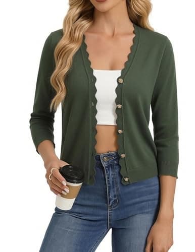 GRACE KARIN Women Cropped 3/4 Sleeve Cardigan Sweater V Neck Open Front Lightweight Dressy Casual Shrugs for Dress Green - Image 1