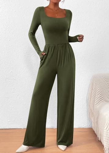 KIRUNDO Long Sleeve Jumpsuit for Women 2026 Spring Outfits Summer One Piece Square Neck Wide Leg Pants Romper With Pockets(Army Green, X-Small) - Thumbnail 6