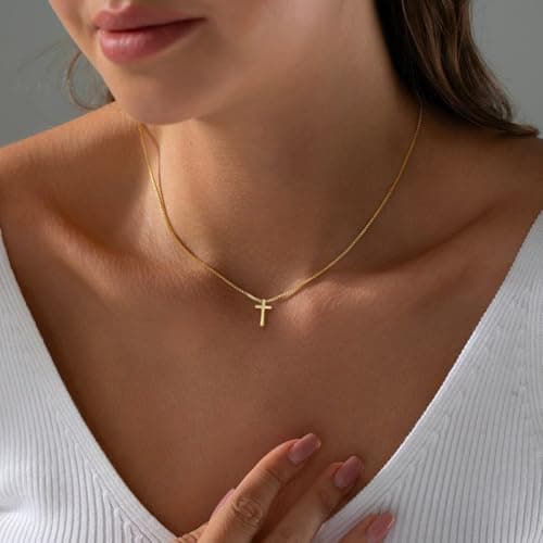 Gold Cross Necklace for Women, Trendy 14K Gold Plated Charm Box Chain Choker Dainty, Christian Religious Faith Small Cross Pendant Necklace Non Tarnish - Thumbnail 3