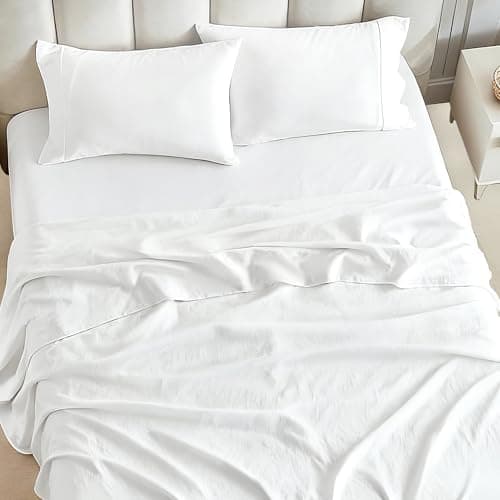 Tokokimo Washed Cotton-Linen Feel 4-Piece Queen Size Sheet Set for Busy Lifestyles – 10-16" Deep Pocket Bed Sheets with Natural Wrinkles, Quick-Dry, Breathable, Soft, White - Thumbnail 3