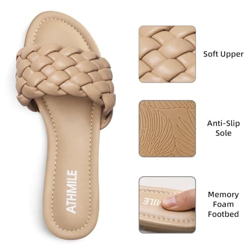 ATHMILE Braided Womens Sandals Round Open Toe Fashion Slide Sandals Women Dressy Summer Flat Beach Camel Size 10 - Thumbnail 5