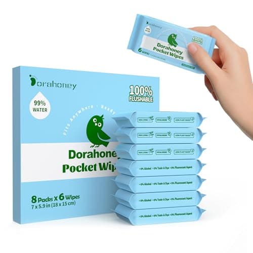 Dorahoney Flushable Wipes Travel Size, 99% Water Mini Wet Wipes for Sensitive Skin, Hypoallergenic & Unscented On The Go Pocket Wipes, 48 Count (8 Packs of 6)