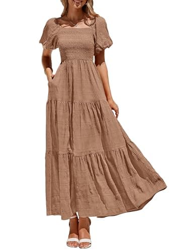 PRETTYGARDEN Womens Summer Puff Short Sleeve Maxi Dress Square Neck Smocked Tiered Ruffle A Line Long Flowy Beach Dresses (Khaki,Large) - Image 1