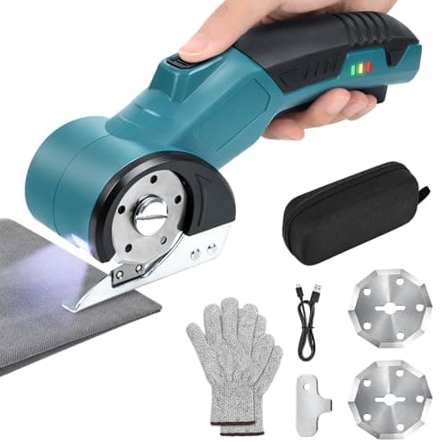 Qidejoy Cordless Cardboard Cutter Electric Scissors, Heavy Duty High-speed Rotary Box Cutter Tools for Fabric, Carpet, Paper, with 2 Blades & Gloves, 4.2V Rechargeable Battery, LED Light, Blue - Image 1