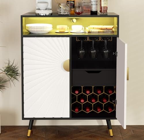 EOYUTLLY Wine Bar Cabinet with Power Outlet & LED Light, Coffee Bar Cabinet with Wine Rack & Glass Holder, Modern Liquor Cabinet with Drawer for Home Bar, Black & White - Image 1