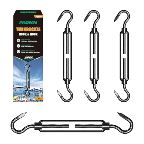 PROWIN 4PCS M6 Premium Stainless Steel Hook & Hook Turnbuckle, Black Turnbuckle for Wire Rope Tension, Shade Sail Hardware, Sun Shade Tent Installation - Image 1