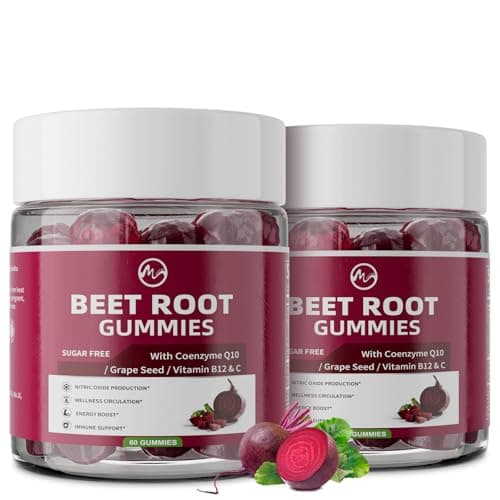 M inch Beet Root Gummies, Blood* Pressure Support & Nitric Oxide Booster, 8-in-1 Wellness Formula with Grape Seed, Coq10, Folic Acid, Vitamin C, B3 & B12, Sugar Free, Vegan, Pomegranate Flavor, 2 Pack - Image 1