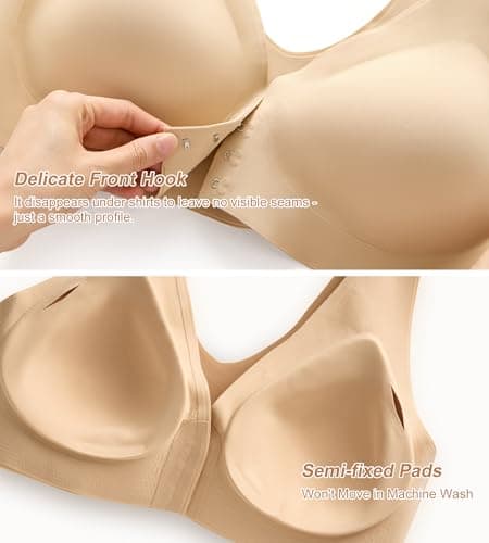 SHARICCA Bras for Women No Underwire Seamless Front Closure Comfortable Full Coverage Padded Bralettes Sleep Everyday Bras,Nude,XL - Thumbnail 5