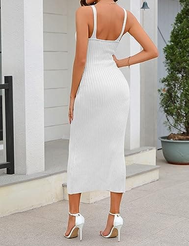 MEROKEETY Womens 2025 Summer V Neck Knit Midi Dress Bodycon Casual Sleeveless Ribbed Party Sweater Dresses,White,S - Thumbnail 4