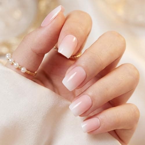 Bioday Ombre Press on Nails Short Square, Soft Gel Nude Pink Fake Nails Press on with Glue, 30Pcs Reusable Stick on Nails in 15 Sizes, Salon Quality False Nails for Women Spring Summer Vacation Gift - Image 1