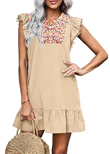 KIRUNDO Women's 2026 Summer Mini Dress Spring Casual V Neck Floral Embroidered Ruffle Sleeveless Shift Flowy Boho Dress (B-Apricot, Small) - Image 1