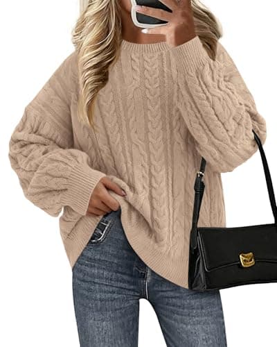 KIRUNDO Oversized Chunky Cable Knit Sweater Women 2026 Fall Fashion Cozy Long Sleeve Crewneck Pullover Winter Clothing(Khaki, Large) - Image 1