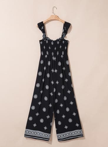 Dokotoo Floral Jumpsuits for Womens 2026 Ruffle Sleeves Cute Square Neck Maternity Jumper Smocked Waisted Wide Leg Pants Dressy Beach Vacation Cruise Outfits Plus Size with Pockets,Black Large - Thumbnail 6