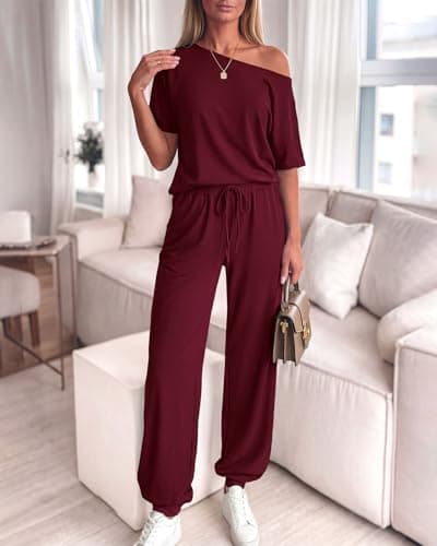 Zenlonr Women Summer 2 Piece Outfits 2026 Off Shoulder Short Sleeve Tops Elastic Waist Drawstring Long Pants Tracksuit(Wine Red,XX-Large) - Thumbnail 2