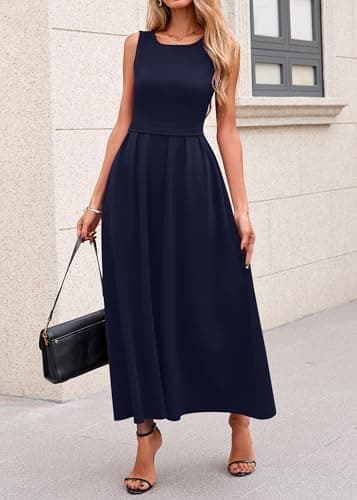 Lazysmile Summer Sleeveless Maxi Dresses for Women Mock Neck Pleated A Line Formal Cocktail Wedding Guest Dress Navy - Thumbnail 3
