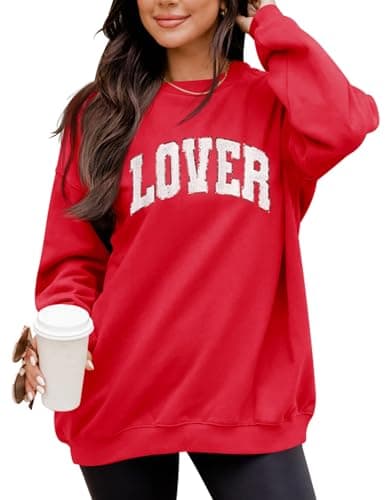 LETSEE Womens Sweatshirt Crewneck Cotton Long Sleeve Casual Pullover Tops Letter Lover(Red, X-Large) - Image 1