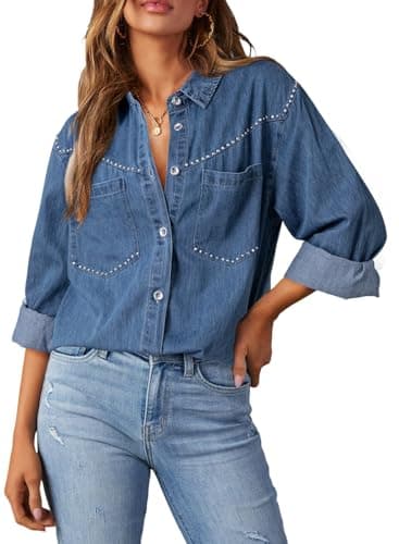 Dokotoo Denim Shirt Women Casual Chambray Jean Western Shirts Country Concert Outfits V Neck Long Sleeve Button Down Shirts for Women Rhinestone Top Loose Fit Denim Tops Lightweight Jacket Sky Blue S - Image 1