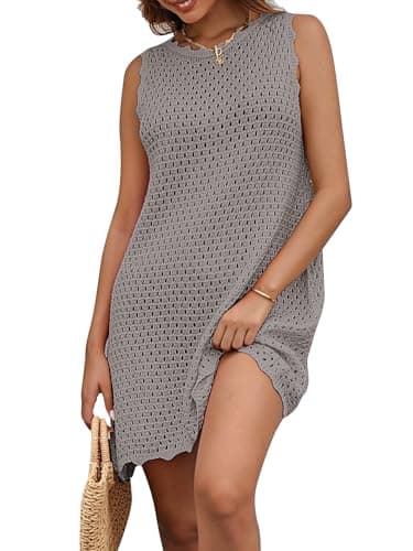 AiMgFUN Womens Swimsuit Cover Up Sleeveless Knit 2025 Summer Outfits Swimwear Bathing Suit Coverup Crochet Beach Dress Grey L - Image 1