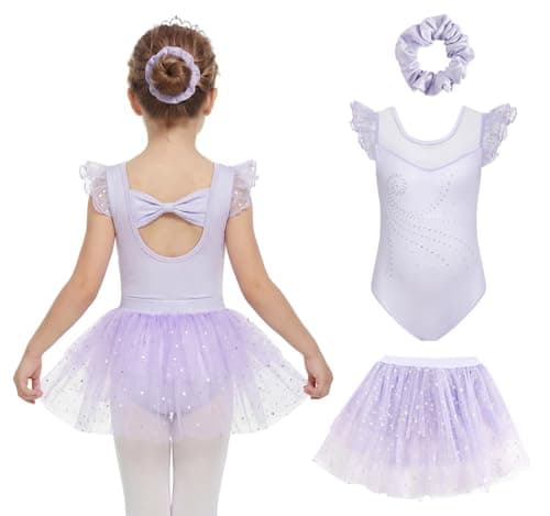 Girls Ballet Leotards 3 Pcs Set Ruffle Sleeve Dance Dress with Removable Tutu & Scrunchy Bow Back Combo Size 9-10 Purple - Image 1