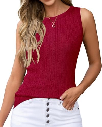 Arach&Cloz 2026 Womens Cashmere Tank Tops Summer Spring Sleeveless Vest Cable Knit Hollow Out Lace Crew Neck Soft Sweater Cute Fashion Dressy Business Casual Outfits Trendy Work Clothes Red L - Image 1