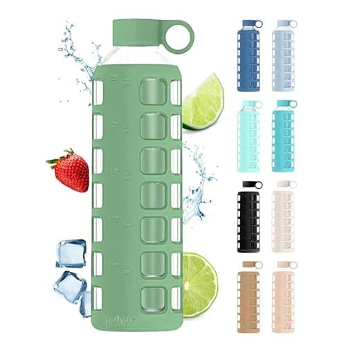 purifyou 40oz / 32oz / 22oz / 12oz Borosilicate Glass Water Bottle with Time & Volume Markers, Silicone Sleeve, Stainless Steel Lid | Reusable Glass Bottle for Water & Juice (32oz Shale Green) - Image 1