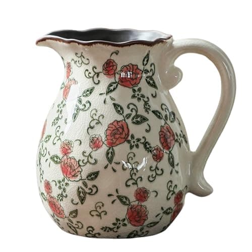 SJIE Vintage Ceramic Vase - 8.2 Inch Hand-Painted Roses with Ice Crackle Glaze Finish, American Farmhouse Style Pitcher Vase for Home Decor, Centerpiece, Shelf, Table, Office, Rustic Wedding Gift - Image 1