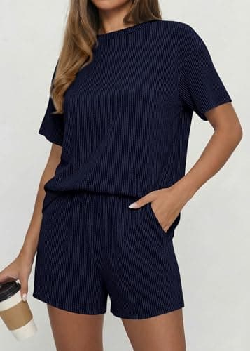KIRUNDO 2 Piece Sets for Women Summer Shorts Lounge Set Matching Ribbed Knit Short Sleeve Top Airport Travel Vacation Outfits(Navy, Small) - Thumbnail 2