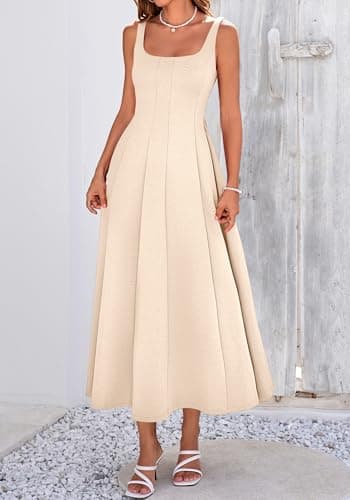 BTFBM Women Elegant Wedding Guest Dress Summer Square Neck Sleeveless Flowy A Line Formal Cocktail Party Maxi Dresses(Beige, XX-Large) - Thumbnail 2