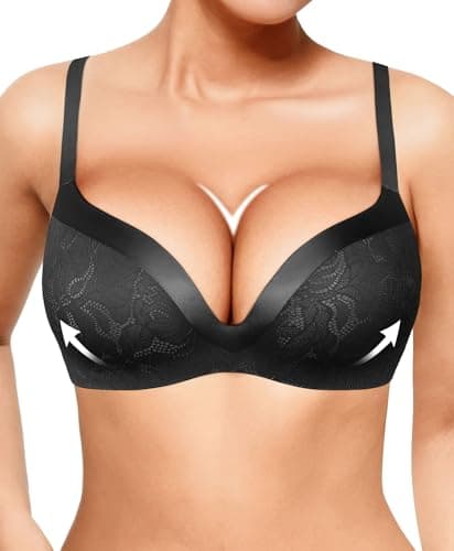 Lace Wireless Bras with Support and Lift Push Up Bra for Women No Underwire Deep V Bralettes Comfortable Padded Bra 3D Molded Black - Image 1