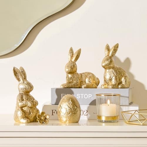 Gleemoria Easter Bunny Decorations for Home – 4 Pieces Resin Gold Bunny & Egg Figurines Set, Gold Decor for Tabletop Display & Home Decorations, Vintage Easter Rabbit Statue