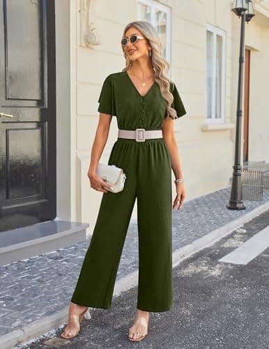 LOOKBOHO Dressy Jumpsuits for Women 2026 Summer Ruffle Short Sleeve Button V Neck Wide Leg Romper One Piece Outfits - Thumbnail 4