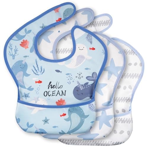 CIVARUA KIDS 3-Pack Waterproof Baby Bibs for Eating - Mess Proof Lightweight Toddler Feeding Bibs with Large Food Catcher, Food-Grade Baby Eating Essentials, Easy to Put On & Clean(Light Blue Ocean) - Image 1