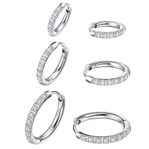 ENVYOU 316L Surgical Steel Huggie Hoop Earrings,Dainty Pave Cubic Zirconia Cartilage Tiny Earring for Sensitive Ears Hypoallergenic Lightweight (Silver,18G 8/10/12mm) - Image 1
