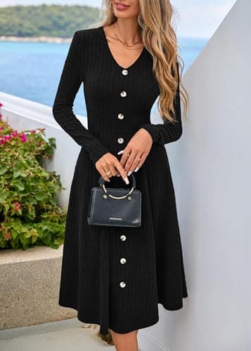 Lazysmile Long Sleeve Fall Winter Dresses for Women V Neck Button Down A Line Swing Casual Knit Sweater Dress Black - Thumbnail 5