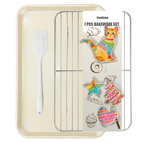 Ymiton 7PCS Nonstick Baking Sheet Set - 10x15in Jelly Roll Pan with Wire Rack, Silicone Spatula & 4 Cookie Cutters, Thickened Carbon Steel, Oven Safe 450°C, Sunshine Cream - Image 1