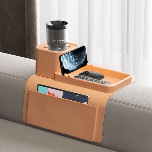 Couch Cup Holder Tray, VIENFUT Silicone Anti-Slip Sofa Armrest Tray with Side Pockets, BPA-Free Anti-Spill Couch Drink Holder for YETI, Remote, Snacks, Cellphone and iPad, Ideal Gift (Peach) - Image 1