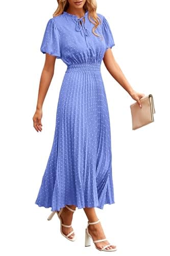 PRETTYGARDEN Summer Dresses for Women Midi Puff Short Sleeve V Neck Swiss Dot Pleated A Line Long Casual Wedding Guest Dress (Light Blue,XX-Large) - Image 1