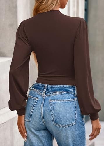 KIRUNDO Blouses for Women Dressy Casual 2026 Spring Tops Fall Puff Long Sleeve Shirts Fitted Mock Neck Ruched Trendy Tops(Brown, XX-Large) - Thumbnail 2