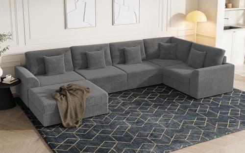 Oversized Modular Sectional Sofa with Storage, Modern Sleeper Sofa, Extra Deep Seat Comfy Corduroy Cloud Couch with Ottoman and 5 Pillows for Living Room (U Shape Sectional with Storage, Grey) - Image 1