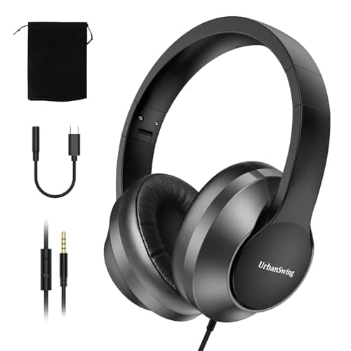 URBAN SWING W2 USB C Headphones Wired Over Ear, 3.5mm AUX Plus USB-C Adapter, Wired Headset with Mic, Sturdy 4.9ft Extra-Long Cable for Gaming Consoles, iPhone 16, iPad & Tablets, Foldable with Pouch - Image 1