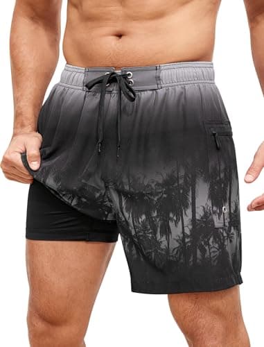 SILKWORLD Swim Trunks Men Tropical Bathing Suits Quick Dry Swimwear Zipper Pocket Swimsuit for Beach, Vacation, Pool, Gradient- Black Grey Palm Tree, XX-Large - Image 1