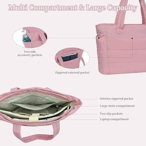 JHhomezeit Puffer Tote Bag for Women-Large Work Tote Bags Quilted Lightweight Puffy Bags Shoulder Bag with Laptop Compartment Pink - Thumbnail 5