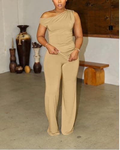 CXXQ Sexy 2 Piece Outfits for Women One Off Shoulder Tops Wide Leg Pant Set Summer Tracksuit Khaki S - Thumbnail 3