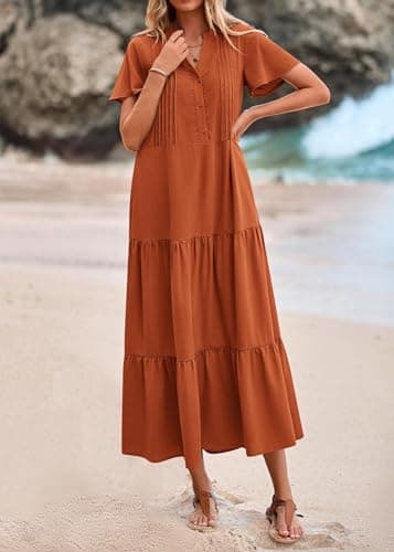 KIRUNDO Summer Maxi Dresses for Women 2026 Spring Fashion Short Sleeve Button V Neck Pleated Loose Tiered Swing Flowy Dress(Rust Red, X-Large) - Thumbnail 4
