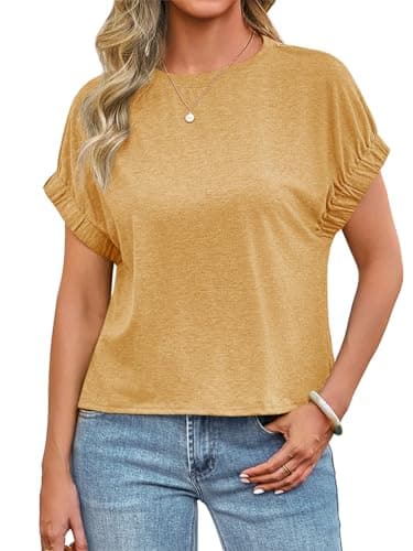 Tankaneo Womens Short Cap Sleeve Tops Oversized Summer Casual T Shirts Crew Neck Loose Fit Boxy Basic Tees Yellow - Image 1