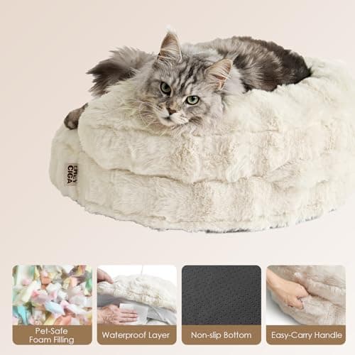 EHEYCIGA Soft Cat Couch Bed for Indoor Cats, Fluffy Small Dog Bed with Removable Washable Cover, Bolster Pet Sofa, Waterproof and Non-Slip, 26" x 26"x 8", Cream - Thumbnail 5