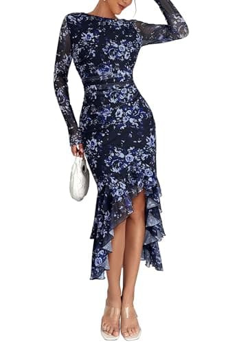 ECOWISH Women's Spring Wedding Guest Dress 2026 Long Sleeve Ruched Bodycon Floral Ruffle Cocktail Party Maxi Dresses Black Floral Small - Image 1