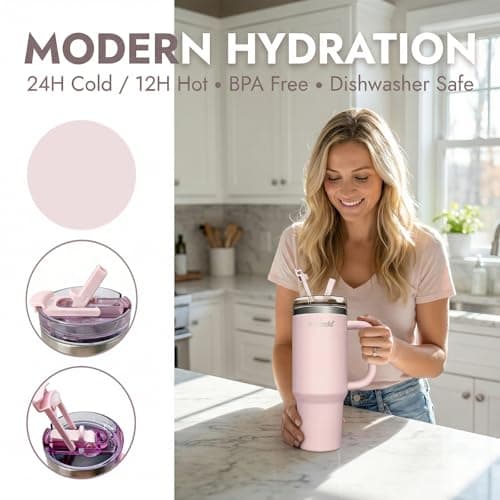 MIKENDA 40oz Insulated Tumbler with Straw | Double Wall Stainless Steel Travel Mug | Leak Proof Lid, 24hr Cold & 12hr Hot | Reusable Water Bottle for Office, Gym, Hiking (light pink) - Thumbnail 6